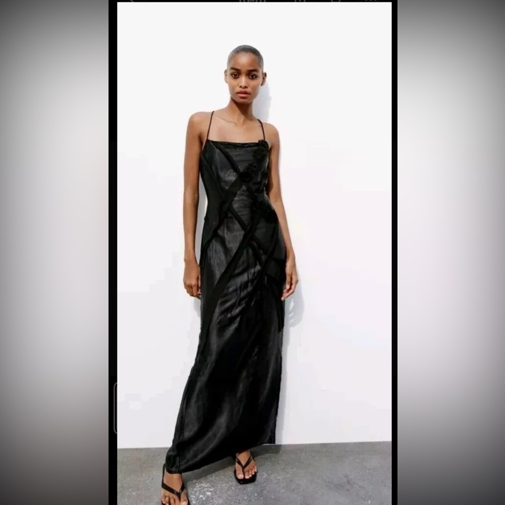 NWT ZARA Strappy Satin Midi Dress – Ribbon Detail Fitted Evening Gown (S